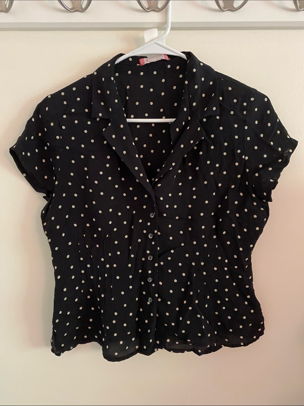 Anne Klein Black Polka Dot Short Sleeve Silk Blouse